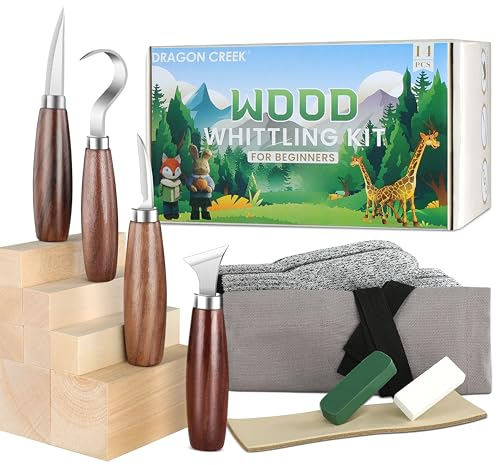 Dragon Creek Outils pour la sculpture sur bois - 17 pièces - Kit de sculpture de qualité supérieure pour enfants - Avec gants résistants aux coupures, 8 pièces en bois, 4 couteaux de sculpture pour