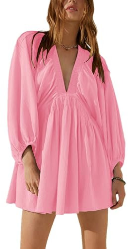 TikoMiko Mini robe tunique décontractée à manches 3/4 et col en V pour femme, rose