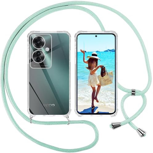 ISOI Funda con Cuerda para OPPO Reno 11 F 5G/OPPO Reno 11F 5G, Carcasa Transparente TPU Suave Silicona Case con Correa Colgante Ajustable Collar Correa de Cuello Cadena Cordón, Verde
