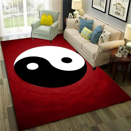 HATEGE Teppich Wohnzimmer 120 x 170 cm Waschbar Yin-Yang-Thema, Outdoor Teppiche Kurzflor 3D Rot, Carpet Flauschig Yin-Yang-Thema WS643