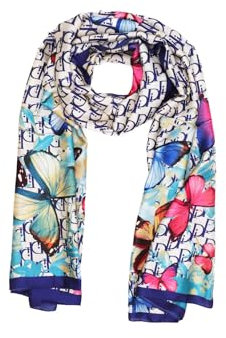 QUEEN HELENA Schal gemustert, leicht, bunt, elegant, Seide, SC019-1, blau, Einheitsgröße