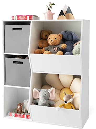 DREAMADE Kinderregal mit 5/9 Ablage und 2/3 Stoffbox, Aufbewahrungsregal Bücherregal für Kinder, Spielzeug-Organizer, Spielzeugregal für Kinderzimmer Spielzimmer und Kindergarten (Weiß+Grau, 5 Ablage)
