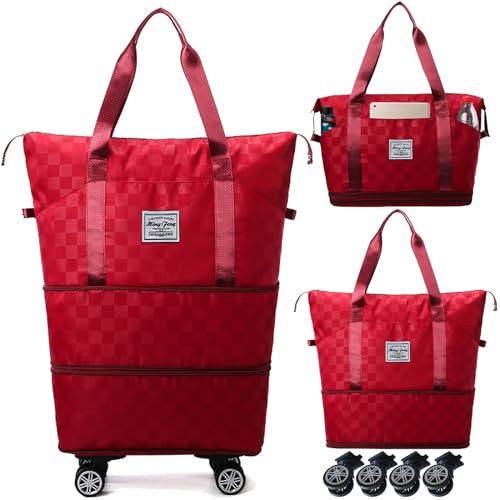 Travel Bag with Wheels,Expandable 55L Duffel Bags for Women,Foldable Rolling Duffle Bag with Wheels,Carry on Luggage,Gift for Men Women Suitcases (Red)