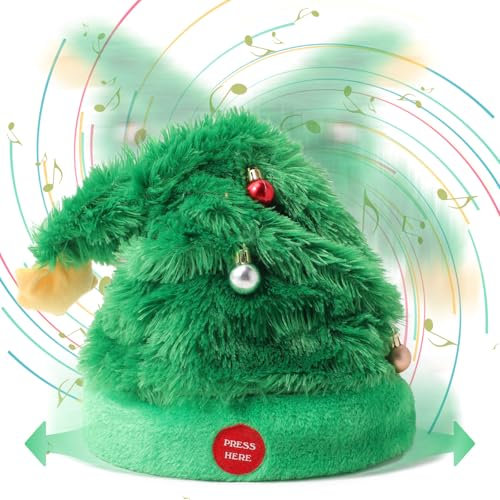 SdeNow Sombrero eléctrico de Papá Noel bailando de 27 pulgadas con movimiento de columpio animado sombrero de árbol de Navidad agitando interactivo musical sombrero de Navidad para niños adultos