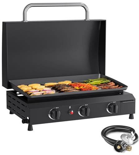 SKOK Piastra a gas a 3 fuochi con cappuccio, 50 cm, piastra propano per esterni, 30000 BTU a propano, portatile a gas, piastra a gas con coperchio, per cucina, barbecue all'aperto, campeggio