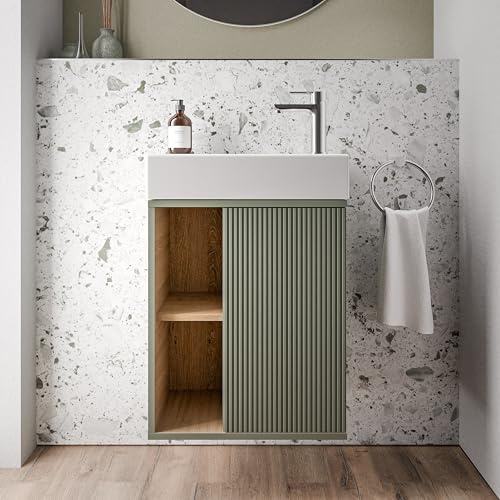 BERNSTEIN - Petit meuble vasque de salle de bain MDF avec lavabo céramique, charnière à droite - Garantie 5 ans - 48,7x24,3x58,5cm - Vert mat - BELDIVO