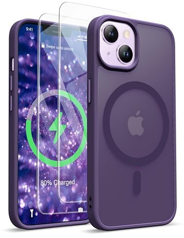 ORETECH Magnetica Opaca Cover per iPhone 14,Custodia iPhone 13 con 2X Vetro Temperato per Cellulare Protettiva Antiurto Protezione Militare Custodia per iPhone 14/13-Viola Scuro