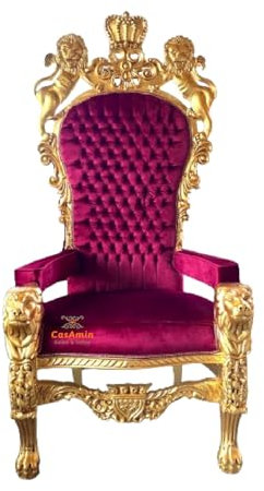 CasAmin Home & Living Riesiger Sessel mit Goldener Krone, Thron des Königs der Löwen, Roter Samt, Thron im Retro-Barockstil mit Gold-Finish für Kommerzielle Dekorationen für Partyveranstaltungen