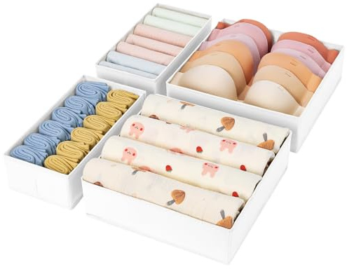 DIMJ Drawer Dividers for Clothes - Underwear Organiser, Dresser Organizer | Fabric Sock Dividers for Bedroom Drawers, Bedside, Cabinet, Closet, Wardrobe Storage Boxes for Clothes, White, 4 Pack