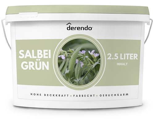 derendo Exklusive Wandfarbe grün 2,5L, hohe Deckkraft, Dispersionsfarbe innen, Innenwandfarbe Raumfarbe Salbeigrün, Deckkraftklasse 2, hochdeckende Innenfarbe Profi Qualität