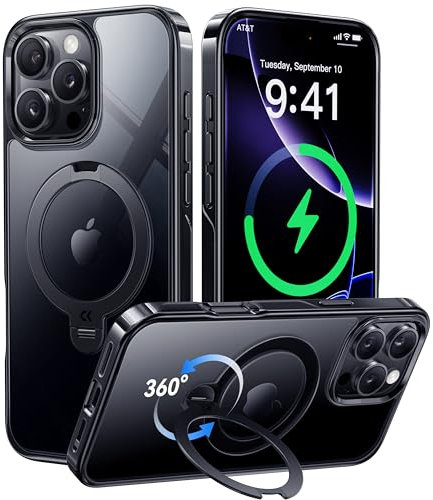 CASEKOO Black Titanium for iPhone 16 Pro Case with 360° Spin Magnetic Stand [Compatible with Magsafe][16FT Military Protection] Polished Clear for iPhone 16 Pro Case Ring Kickstand 6.3'', Black