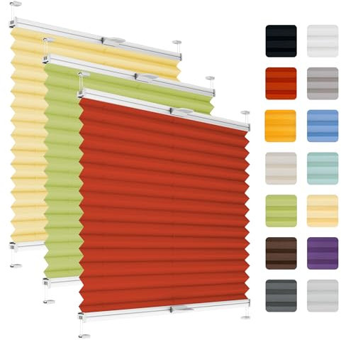 Fenster Plissee ohne Bohren zum Kleben auf Rahmen - Thermo Plisseerollo Innen - Rollo Jalousie, auf den Fensterrahmen, Faltrollo, Sichtschutz, Blickdicht, für Fenster & Tür - Rot, 100 x 200 cm