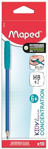 Maped - Kidy Learn Concentration - Box of 10 Ergonomic Graphite Pencils with Relaxing Chew/Bite Tips - HB Lead - Textured Grip