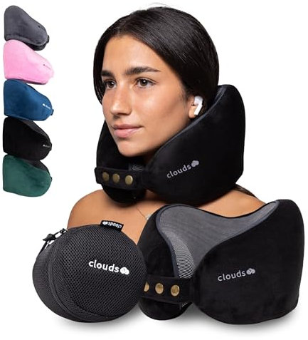 CLOUDS Nackenkissen Flugzeug & Auto – Einstellbares Memory Foam Reisekissen in 2 Größen für Erwachsene - Atmungsaktiver- extraweicher Bezug in 5 Farben (Schwarz, S/M)