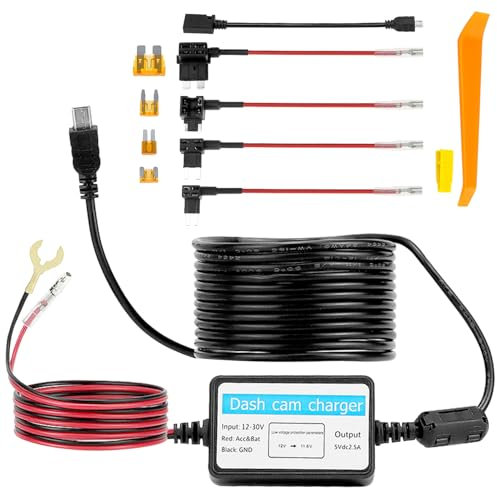 QWORK® Dash Cam Hardwire Kit with Battery Discharge Protection - Mini & Micro USB Ports, 4m Cable, 4 Fuse Types, 12V-30V Input 5V/2A Output