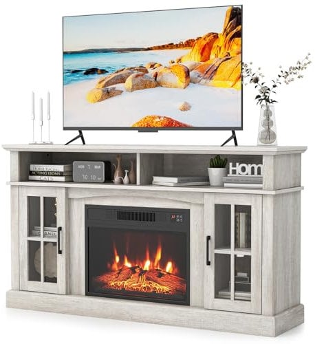TANGZON Electric Fireplace Insert TV Stand, Freestanding Media Console Table Entertainment Center with 1800-2000W Heater & Remote Control (Gray, 23 Fireplace,148x40x82cm for 65 TV)