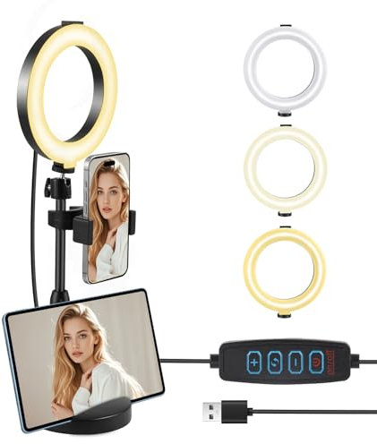 Ring Light with Stand & Phone Holder, Desk Ring Light with 3 Colors Modes and 9 Brightness Levels for Laptop/Computer/Phone/Monitor, Travel Desktop Hola Light For Filming Recording Live Streaming (1)