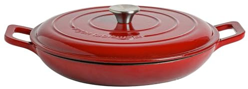 Argon Tableware 2.3L Shallow Cast Iron Casserole Dish with Self-Basting Lid - Red Ombre - 1x Induction Hob Cooking 2.43QT Dutch Oven Bread Baking Serving Roasting Stew Stock Pot Cookware Pan