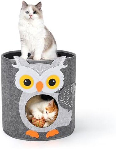 Dripex Katzenhöhle 2 Etagen Katzenhaus aus Filz inkl. Kissen Kuschelhöhle für Mietze Katzen zum Schlafen, Verstecken und Toben 35 x 35 x 35 cm (Eule)