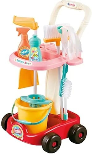 Gigzo Land Kids Cleaning Play Set - Portable Kids Toy Trolley with Accessories, Eye-Catching Play Cleaning Trolley, Interactive Toy Broom Mop Set, Skills Development Toys for Toddlers and Children
