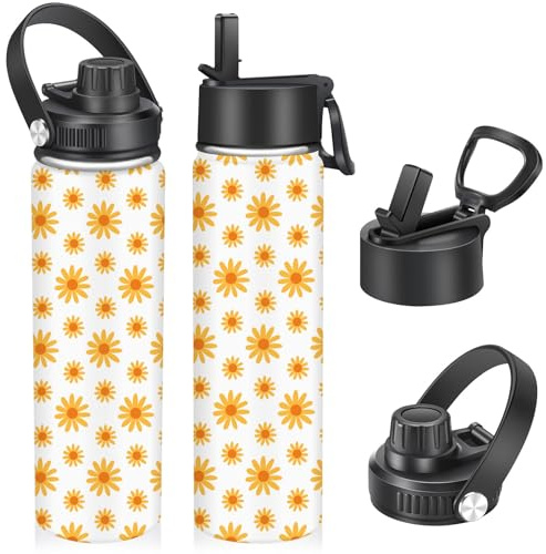 22oz Stainless Steel Insulated Water Bottle,Leak Proof Water Bottle with Stainless Steel Insulation with Carry Handle,Cold and Hot Drinks Sport Water Bottle for Sports Travel Gym(Yellow Flower)