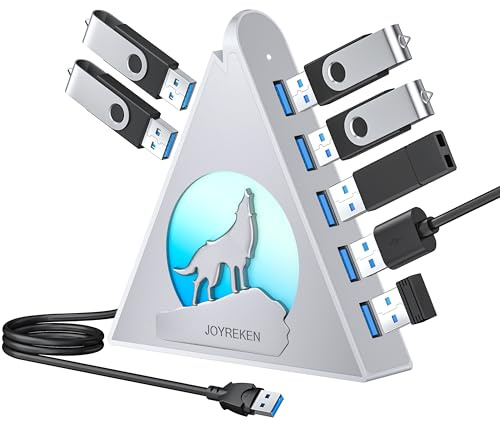 7 Port USB Hub, JoyReken USB 3.0 Hub with 2 FT Long Cable, Vertical USB Extension Hub for Laptop, MacBook,Xbox,PS4/5, Flash Drive, XPS, PC, Flash Drive, Game Console, Printer, Keyborad, Mouse (Silver)