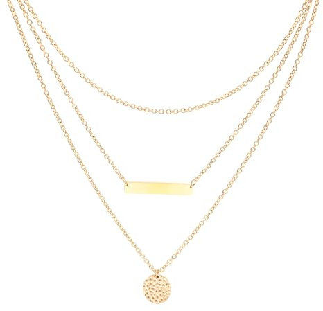 LEGITTA Dreischichtige Edelstahl Halskette für Damen mit Barren-Anhänger & gehämmerten Münz-Anhängern - Multilayer Kette