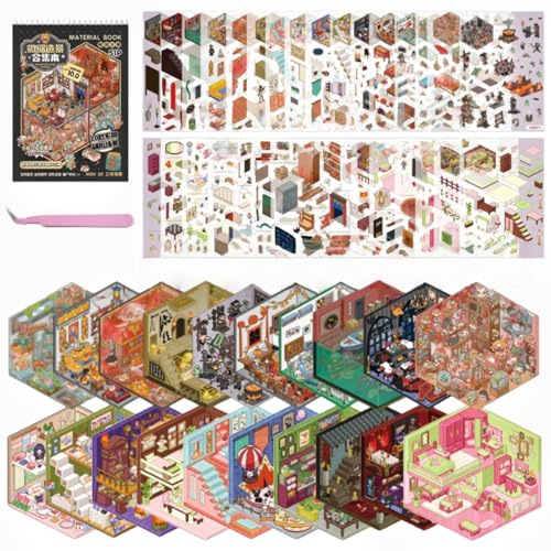 20 Sets DIY Stickers Scene,Cartoon 3D Mini House Stickers Set for Adults with Tweezers Make Your Own Room Horror Book Sticker Scene Therapy for Adults Relief Stress Pass The Time Gift（Black)