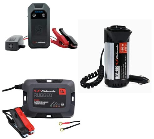 Schumacher Electric - Abenteuer-Set: SBX504 Starthilfe + SPX457 Ladegerät + INV150 Wechselrichter für Auto und Van - 1000A Lithium-Starthilfe mit Powerbank + 1A 6/12V Ladegerät + 12V‑zu‑230V Inverter