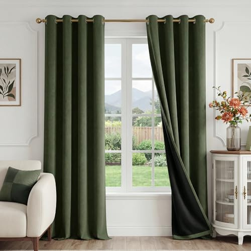 FMFUNCTEX 100% Verdunkelungsvorhänge für Schlafzimmer, Olivgrün, 244 cm lang, strukturiert, wärmeisoliert, Vorhänge für Wohnzimmer, verdunkelnd, 2 Paneele