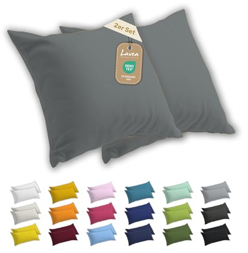 Lavea® 2er Set Kissenbezug 40x40 - Mittelgrau | 100% Baumwolle Jersey – Weiche Kissenhülle & Kopfkissenbezüge, OEKO-TEX® Standard