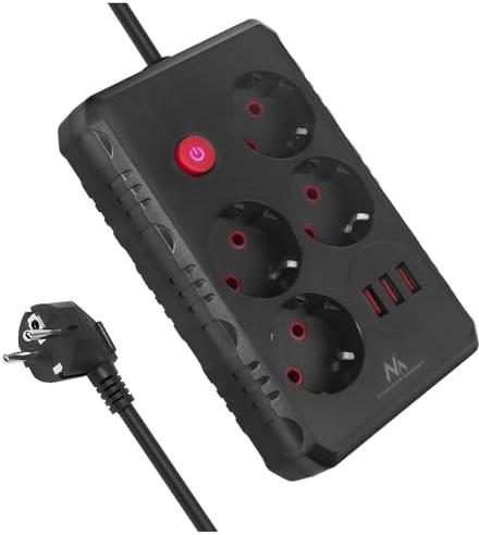 Maclean MCE392/3 Steckdosenleiste | 4 Steckdosen 3xUSB 2500W | Winkelsteckdosen 45° | Beleuchteter Schalter Wandmontage | Universal für Zuhause, Büro und Gaming (Schwarz, 3m)
