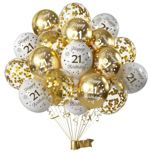 Luftballons 21. Geburtstag Deko Frauen Männer, 15 Stück Luftballons Weiß Gold Deko 21 Geburtstag Frau Mann, Happy 21th Birthday Ballons Konfetti Luftballons Deko Birthday Party Deko