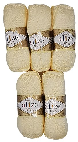 Alize 5 x 100 Gramm Wolle Diva Batik einfarbig, 500 Gramm merzerisierte Strickwolle Microfiber-Acryl (Creme 01)