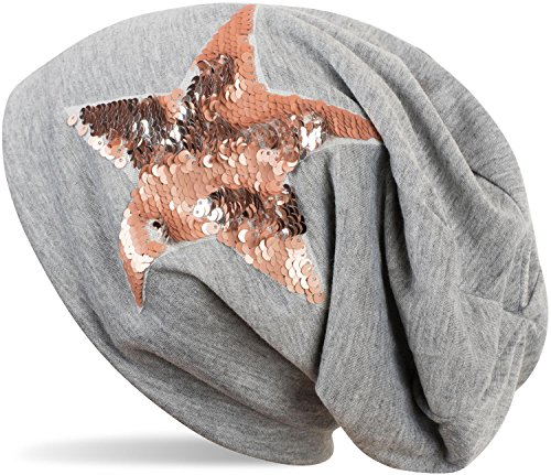 styleBREAKER Beanie Mütze mit Wendepailletten Stern Applikation, Slouch Longbeanie, Damen 04024141, Farbe:Grau meliert