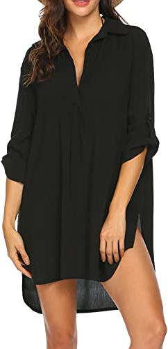 UNibelle Robe de Plage Femme Imprimé Floral Boheme Robe col en V Cardigan Plage Paréo Manches 3/4 Cache-Maillots de Bikini Cover Up Sexy, Noir, M