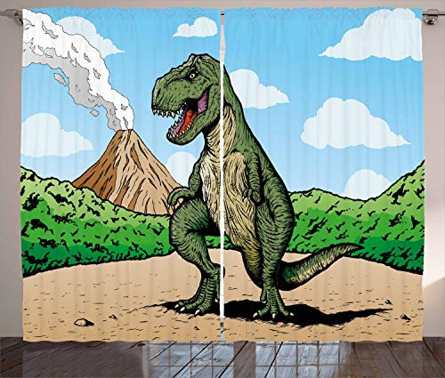 ABAKUHAUS Dinosaurier Rustikaler Gardine, T-Rex Aktiver Vulkan, Schlafzimmer Kräuselband Vorhang mit Schlaufen und Haken, 280 x 245 cm, Hellbraun Hellblau