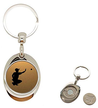 Porte clé en Métal or brossé avec jeton aimanté gravé pétanque