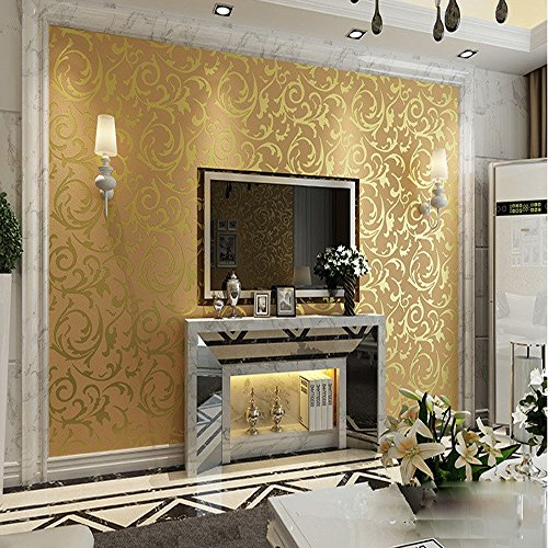 Modern Minimalist 3D Stereo TV Background Living Room Bedroom European Non-Woven Damask Leaf Non-Pasted Wallpaper Gold Color 1.73' W x 32.8' L