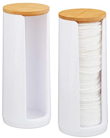 Relaxdays Wattepads Aufbewahrung 2er Set, Acryl, Bambus, Bad, Wattepadspender mit Deckel, HxD: 17,5x7,5cm, weiß/Natur
