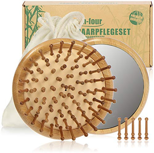 COM-FOUR® Ensemble de soins capillaires haut de gamme 2 pièces, brosse à cheveux démêlante en bambou et petit miroir de coiffure, contre les cheveux emmêlés (2 parties - Pinceau Tangle + miroir)