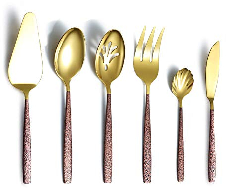Berglander Juego de cubiertos para servir de 6 piezas con mango de superficie lunar y cabeza de oro brillante chapado en titanio cuberteria cucharas para servir de acero inoxidable utensilios