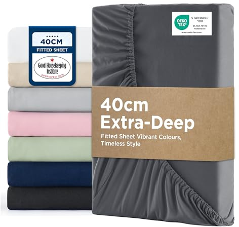 Bedsure King Size Fitted Sheet - 40cm Pocket, Dark Grey, 150x200cm | Soft Breathable Brushed Finish Smooth Feel All Round Elastic Secure Fit Deep Pocket Machine Washable Fade Resistant Easy Care