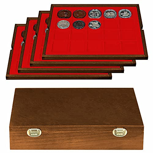 LINDNER Echtholz Münzkassette mit 4 hellroten Tableaus für 80 Münzen/Münzkapseln bis Ø 47 mm