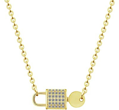 Key Lock Necklace Link Chain Padlock Zircon Pendant Necklaces For Women Men Fashion Gothic Aesthetics Jewelry Birthday Gift, Stainless Steel, Cubic Zirconia,
