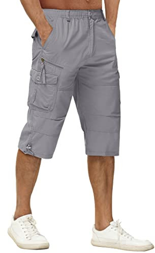 TACVASEN Men's Shorts Cargo Casual 3/4 Shorts Work Cotton Summer Shorts Multi Pockets Light Grey