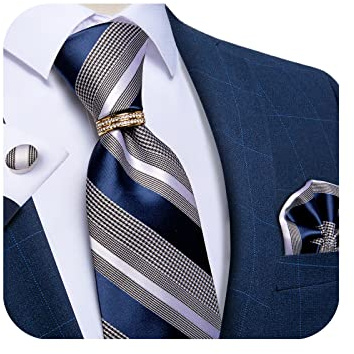 DiBanGu Seidenkrawatte für Herren, gestreift, Blau und Weiß, Krawatten-Set und Anstecknadel, Brosche, gewebtes Taschentuch, Manschettenknöpfe, Hochzeit, formelle Anlässe