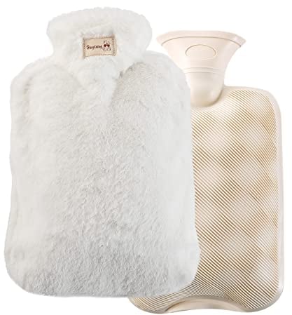 2L Wärmflasche PVC Wärmflasche mit weichem Bezug für Handfüße, Weiß