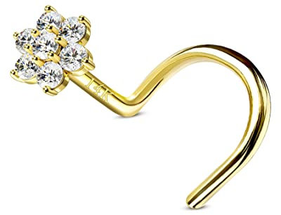 CM Crareesi Mania 14Karat 585 Echtgold Nasenpiercing Spirale Blumen Nasenring Stud Piercing Nasen Screw L/S-Form 20 Gauge(0,8mm) Nostril Piercing Schmuck mit Zirkonia Kristall Diamant für Damen