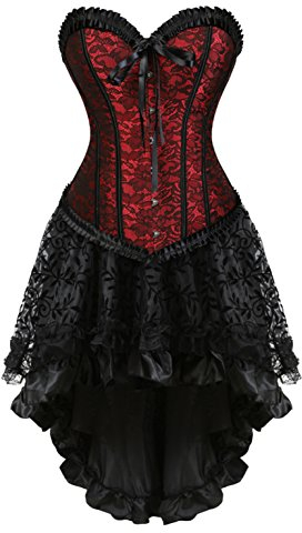 Grebrafan Gothic Corsage Karneval mit Tüll Rock Renaissance Korsett kostüm Damen (EUR(50-52) 7XL, Rot)